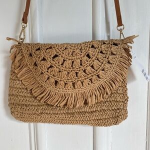 NWT Woven Fringe Straw Crossbody Bag - Tan